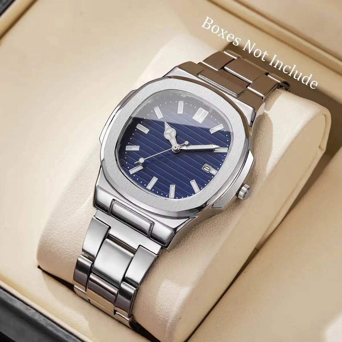 Luxury Men Business Watches Fashion Square Dial Stainless Steel Strap Quartz Watch with Calendar For Mens Clock(Without Box)