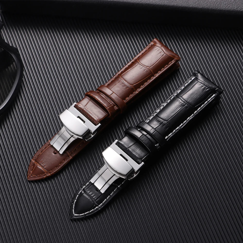 Butterfly Buckle Genuine Calfskin Leather Watch Starp Universal Replacment Watch Bands 12/13/14/15/16/17/18/19/20/21/22/23/24mm
