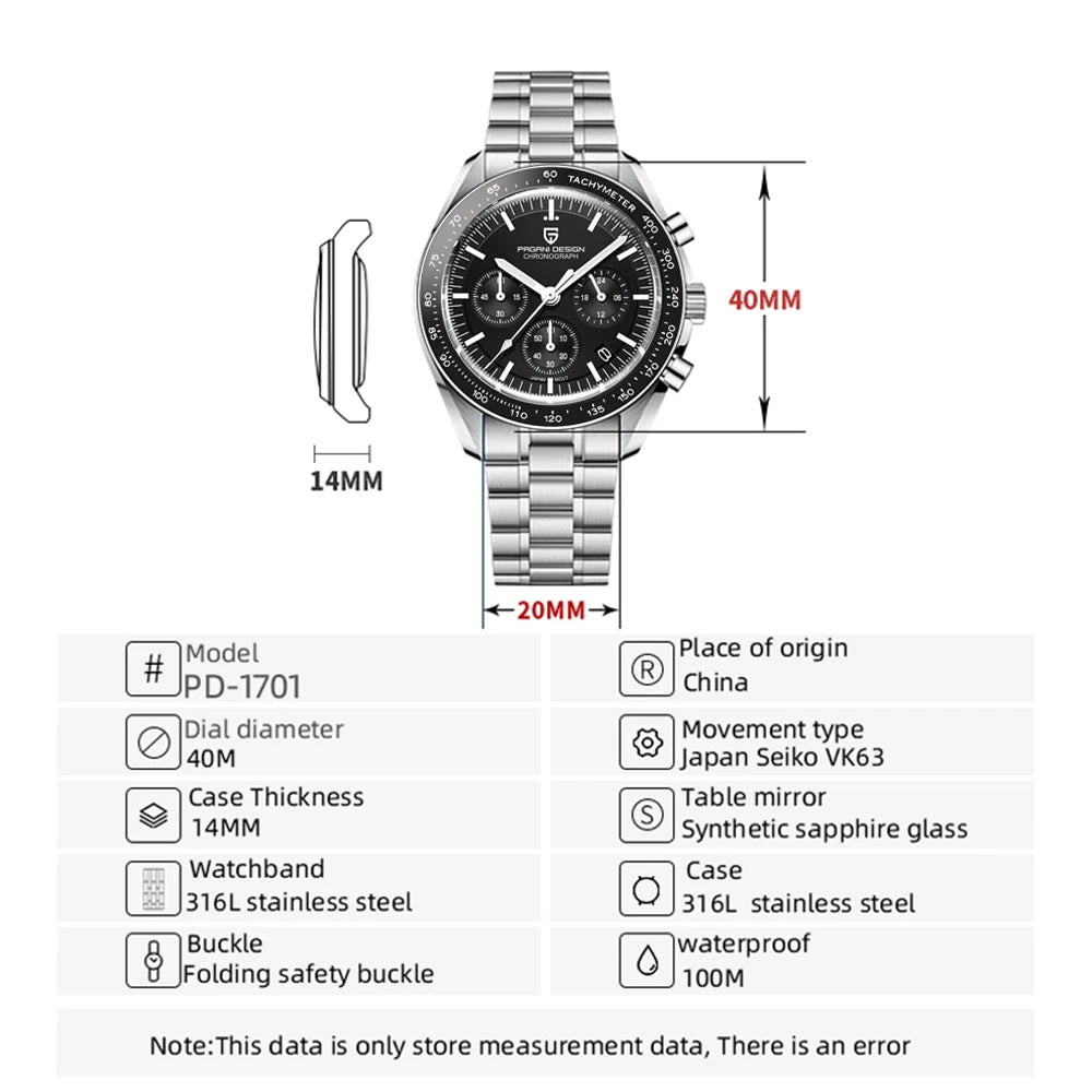 PAGANI DESIGN 2026 New Moon Men's Watches Luxury Quartz Watch For Men VK63 Chronograph AR Sapphire Mirror Ceramic Bezel Luminous