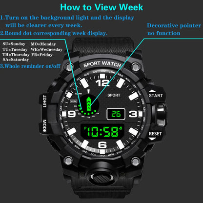 Men's Watch Fashion Sports Electronic Wristwatch Large Dial Multifunctional Waterproof Luminous Alarm Kids Male's Military Watch