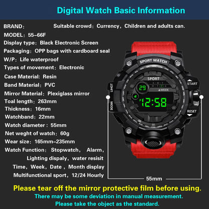 Men's Watch Fashion Sports Electronic Wristwatch Large Dial Multifunctional Waterproof Luminous Alarm Kids Male's Military Watch