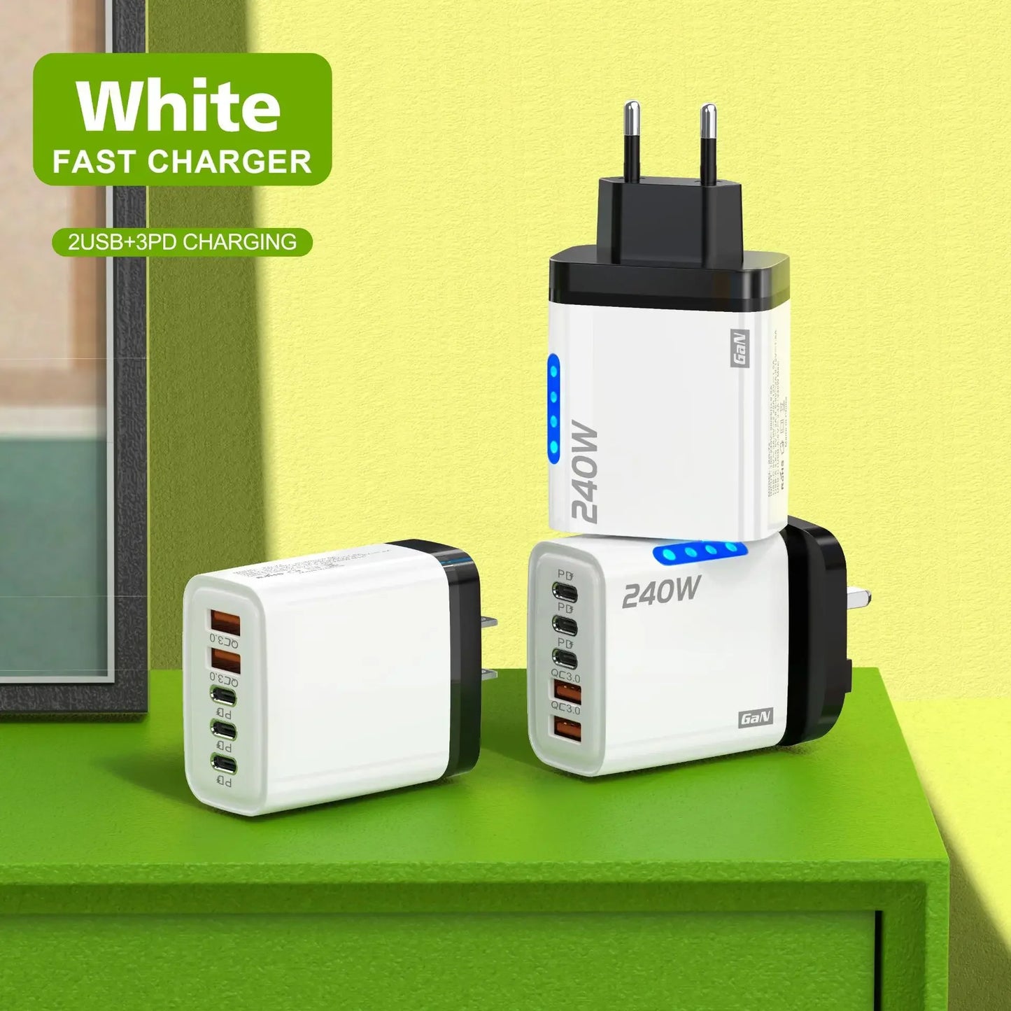 5-in-1 GaN 240W Fast Charger  Desktop Charger USB Type C Charger Fast Charging Quick Charge 3.0 Adapter For iPhone SamsungHuawei