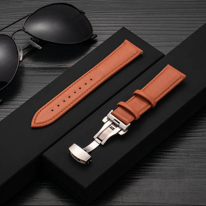20mm 22mm Leather Watchband for Samsung Galaxy watch 7/6/5/4 40/44mm 5pro 45mm Butterfly Clasp Strap for Huawei watch GT2-3 42mm