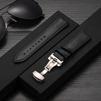 20mm 22mm Leather Watchband for Samsung Galaxy watch 7/6/5/4 40/44mm 5pro 45mm Butterfly Clasp Strap for Huawei watch GT2-3 42mm
