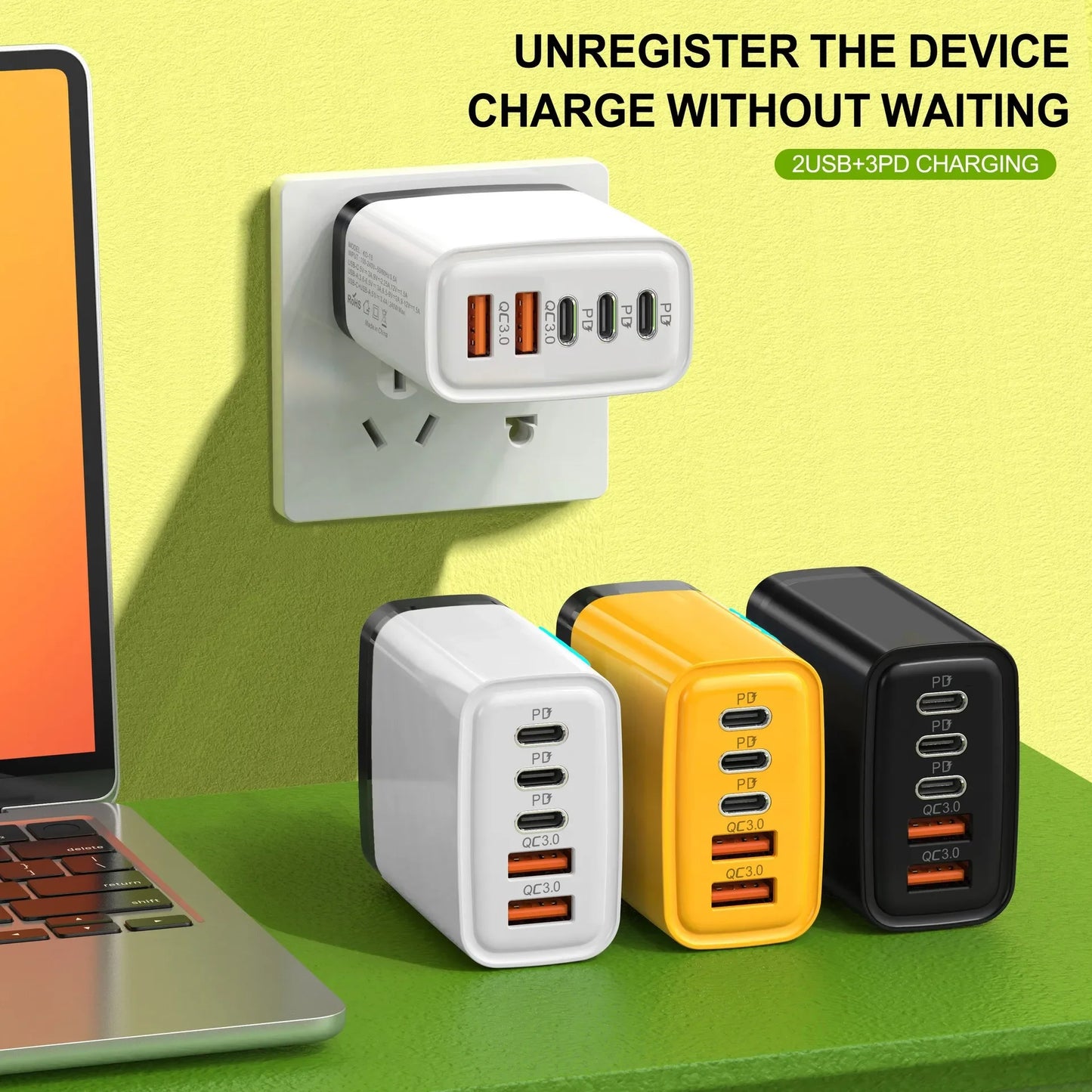 5-in-1 GaN 240W Fast Charger  Desktop Charger USB Type C Charger Fast Charging Quick Charge 3.0 Adapter For iPhone SamsungHuawei