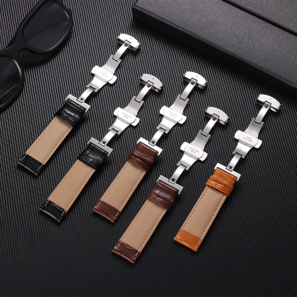 Butterfly Buckle Genuine Calfskin Leather Watch Starp Universal Replacment Watch Bands 12/13/14/15/16/17/18/19/20/21/22/23/24mm