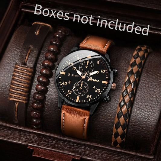 4PCS Fashion Arabic Dial Men Business Watches Vintage Bracelets Set Leather Band Quartz Wristwatch Relogio Masculino（Without Box