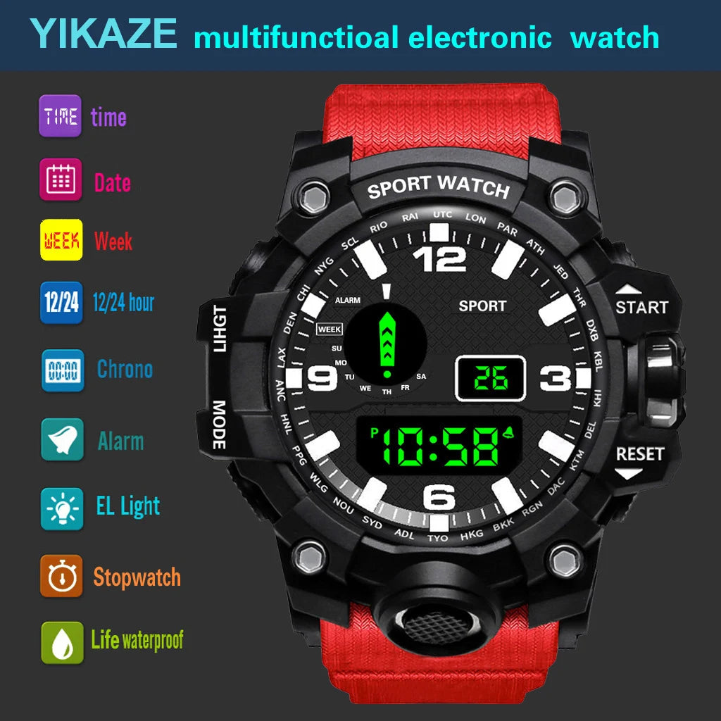 Men's Watch Fashion Sports Electronic Wristwatch Large Dial Multifunctional Waterproof Luminous Alarm Kids Male's Military Watch