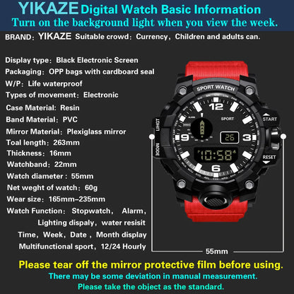Men's Watch Fashion Sports Electronic Wristwatch Large Dial Multifunctional Waterproof Luminous Alarm Kids Male's Military Watch