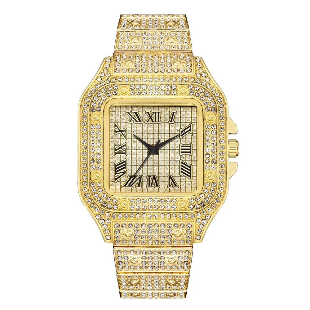Classic Luxury Business Men's Steel Strap Square Roman Scale Rhinestone Quartz Watch Lesiure Male Wristwatch Relogio Masculino