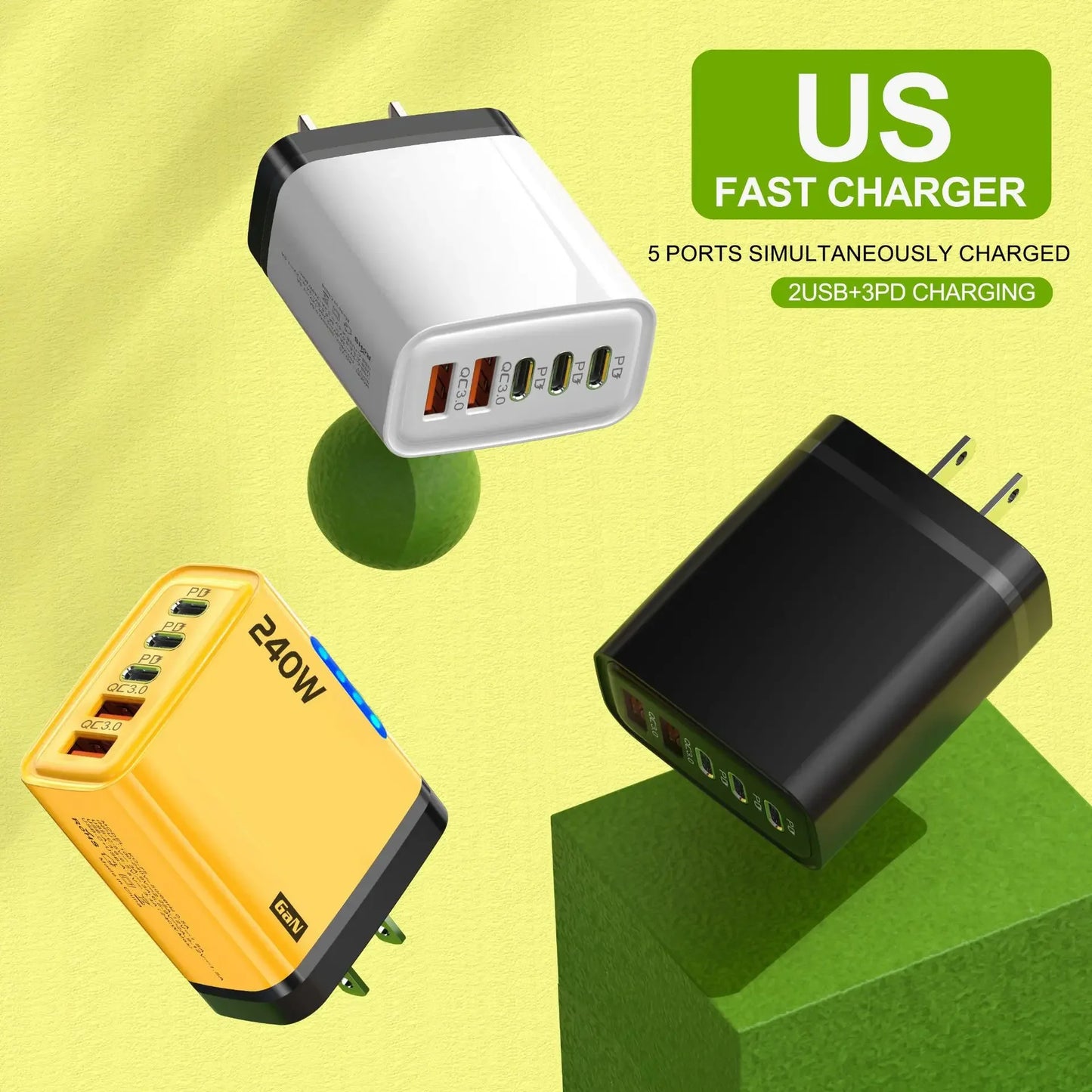 5-in-1 GaN 240W Fast Charger  Desktop Charger USB Type C Charger Fast Charging Quick Charge 3.0 Adapter For iPhone SamsungHuawei