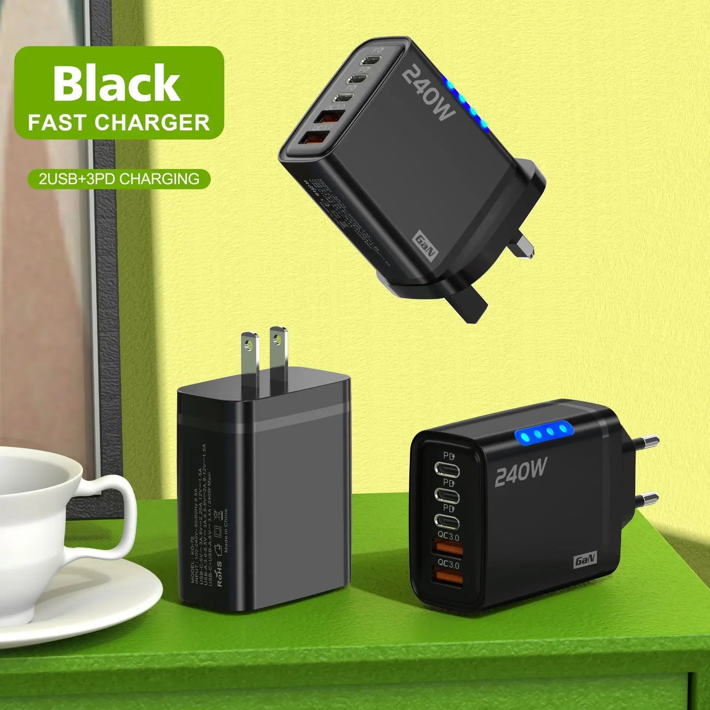 5-in-1 GaN 240W Fast Charger  Desktop Charger USB Type C Charger Fast Charging Quick Charge 3.0 Adapter For iPhone SamsungHuawei