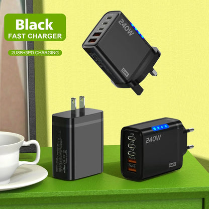 5-in-1 GaN 240W Fast Charger  Desktop Charger USB Type C Charger Fast Charging Quick Charge 3.0 Adapter For iPhone SamsungHuawei
