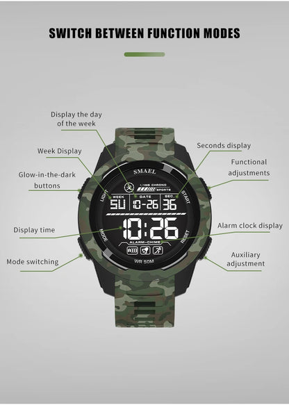 New SMAEL 8105 Watches Camo Strap Military Sport Watch for Men Clock Fashion Digital Wristwatch Waterproof Shockproof Watches
