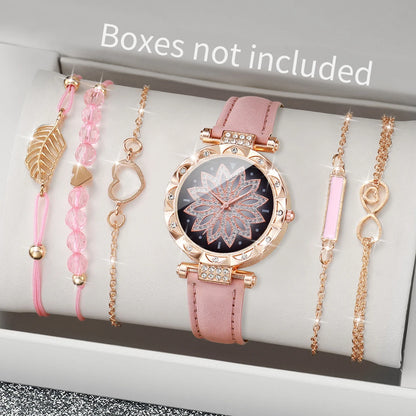 6PCS/Set Fashion Heart Dial Women's Watch Casual Leather Band Analog Quartz Watch Leaf Bracelets Set（Without Box）