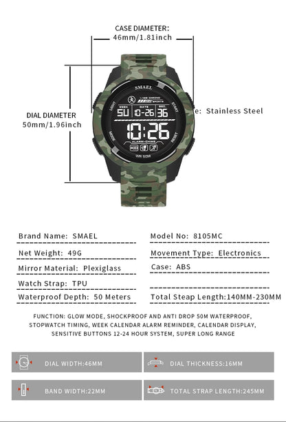 New SMAEL 8105 Watches Camo Strap Military Sport Watch for Men Clock Fashion Digital Wristwatch Waterproof Shockproof Watches