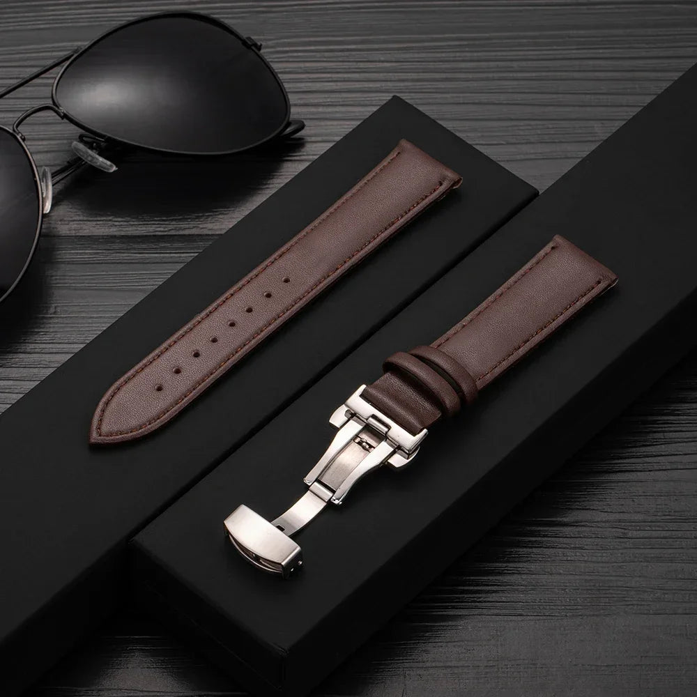 20mm 22mm Leather Watchband for Samsung Galaxy watch 7/6/5/4 40/44mm 5pro 45mm Butterfly Clasp Strap for Huawei watch GT2-3 42mm