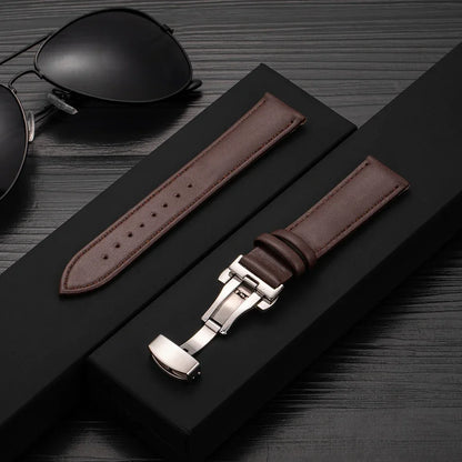 20mm 22mm Leather Watchband for Samsung Galaxy watch 7/6/5/4 40/44mm 5pro 45mm Butterfly Clasp Strap for Huawei watch GT2-3 42mm
