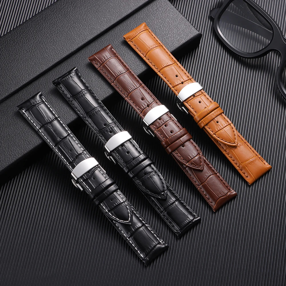 Butterfly Buckle Genuine Calfskin Leather Watch Starp Universal Replacment Watch Bands 12/13/14/15/16/17/18/19/20/21/22/23/24mm