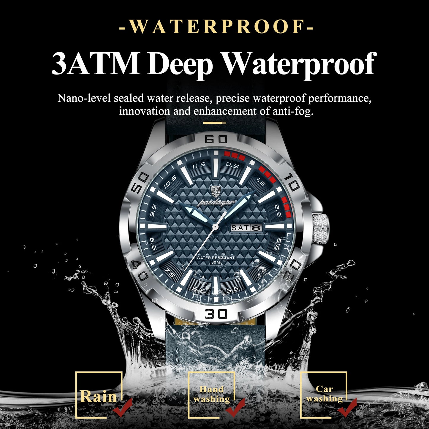 POEDAGAR Original Men Watch Luxury Waterproof Luminous Date Week Watch For Man Quartz Leather Fashion Men's Watches Reloj Hombre