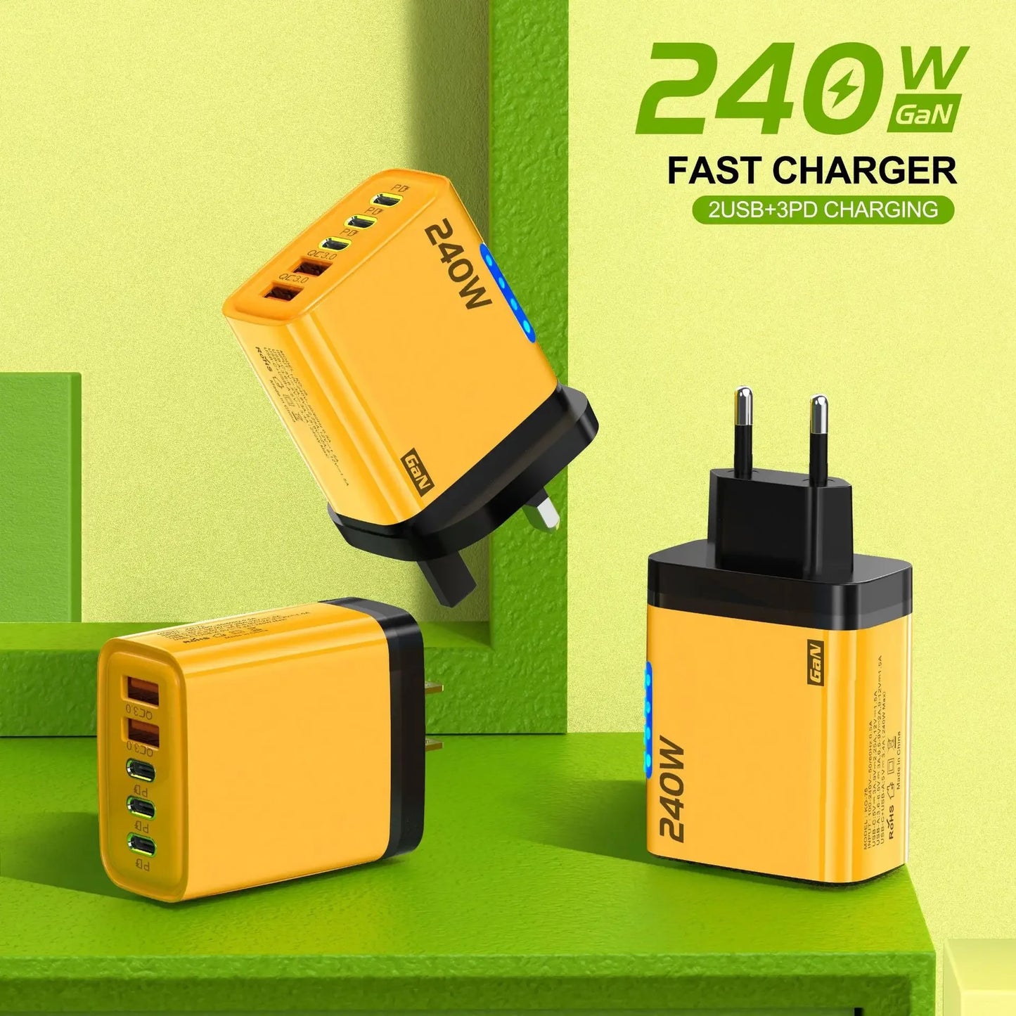 5-in-1 GaN 240W Fast Charger  Desktop Charger USB Type C Charger Fast Charging Quick Charge 3.0 Adapter For iPhone SamsungHuawei