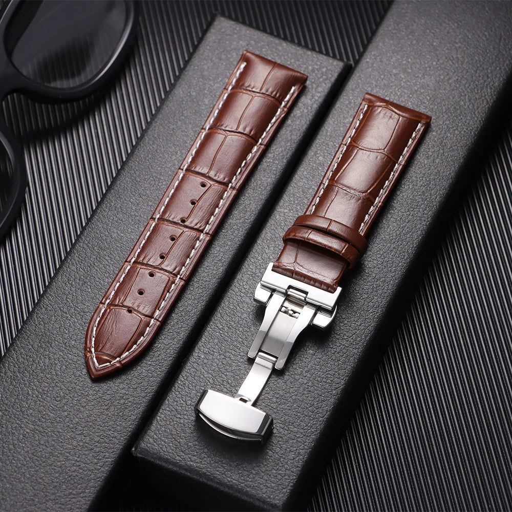 Butterfly Buckle Genuine Calfskin Leather Watch Starp Universal Replacment Watch Bands 12/13/14/15/16/17/18/19/20/21/22/23/24mm