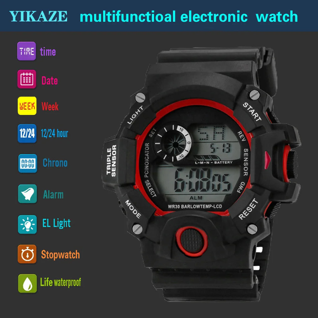 Men's Watch Fashion Sports Electronic Wristwatch Large Dial Multifunctional Waterproof Luminous Alarm Kids Male's Military Watch