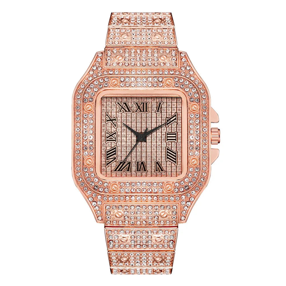 Classic Luxury Business Men's Steel Strap Square Roman Scale Rhinestone Quartz Watch Lesiure Male Wristwatch Relogio Masculino
